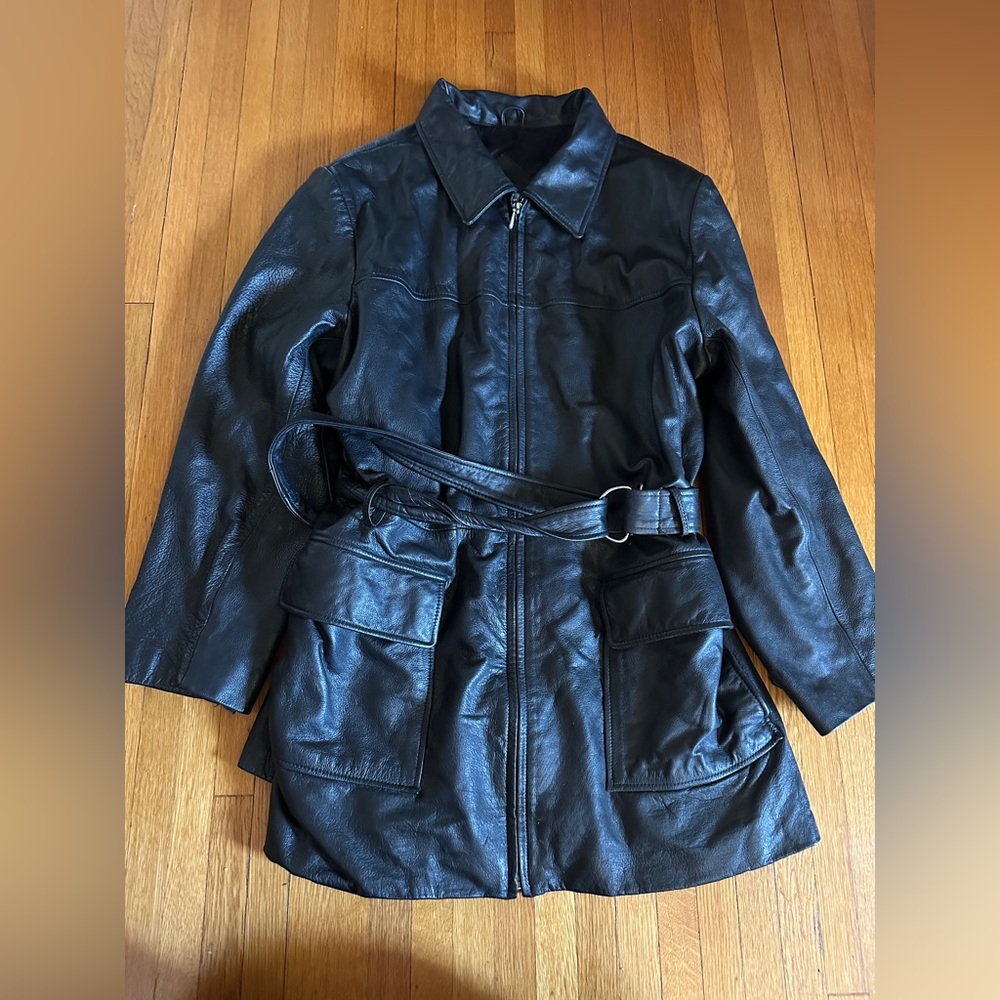 Vtg  90s Venezia Jeans Black Leather Belted Trench, Size 18/20